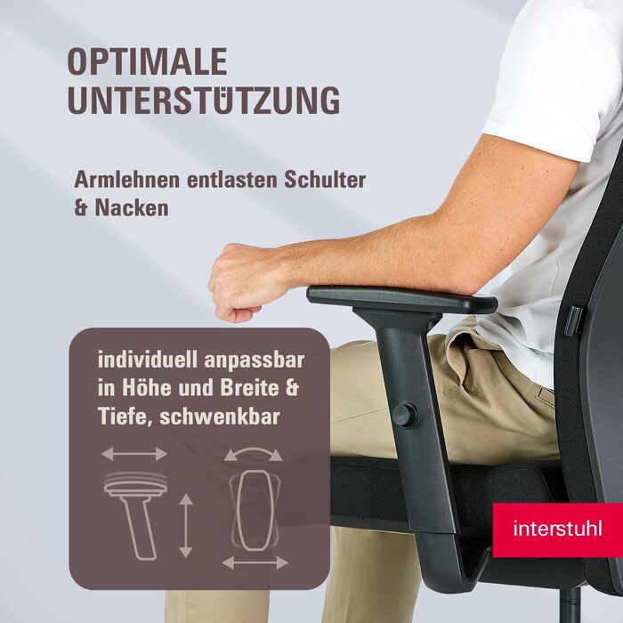 Ергономічне офісне крісло Interstuhl Edge Soft: синхромеханізм, 4D-підлокітники, підтримка попереку, чорне, Made in Germany