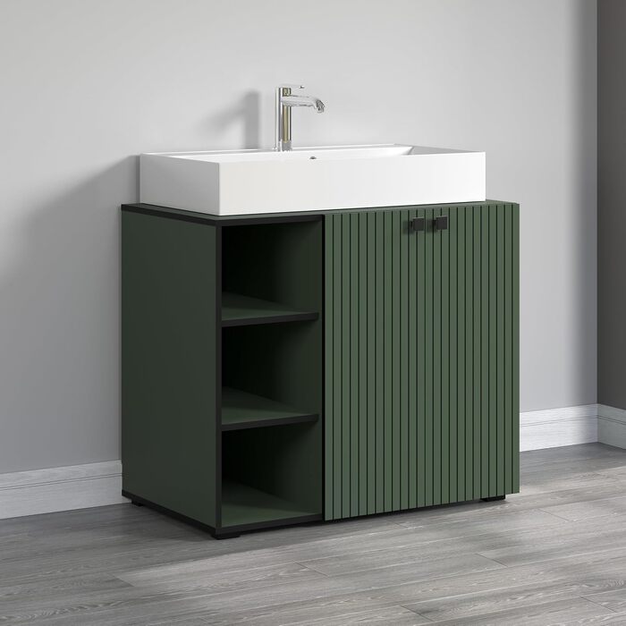 Тумба під раковину на колесах PureBliss від trendteam smart living, 80x64x42 см, зелена — з 2 відкритими полицями, стійка до подряпин, металеві ручки