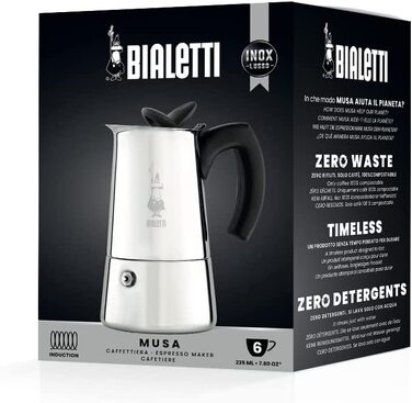 Кавоварка Bialetti Musa Induction з нержавіючої сталі для всіх типів плит, 6 чашок (270 мл), срібляста