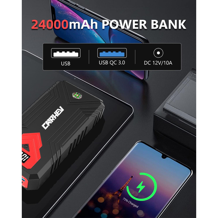 Бустер для авто CARHEV Jump Starter 3000A — Пусковий пристрій з LCD-дисплеєм для бензинових (до 8л) та дизельних (до 8л) двигунів, 12V Powerbank з USB швидкою зарядкою та LED-ліхтарем