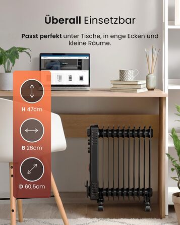 Електричний масляний радіатор Pro Breeze 2500W з 11 ребрами, таймер 24 год, 3 режими, термостат, захист від перегріву - чорний