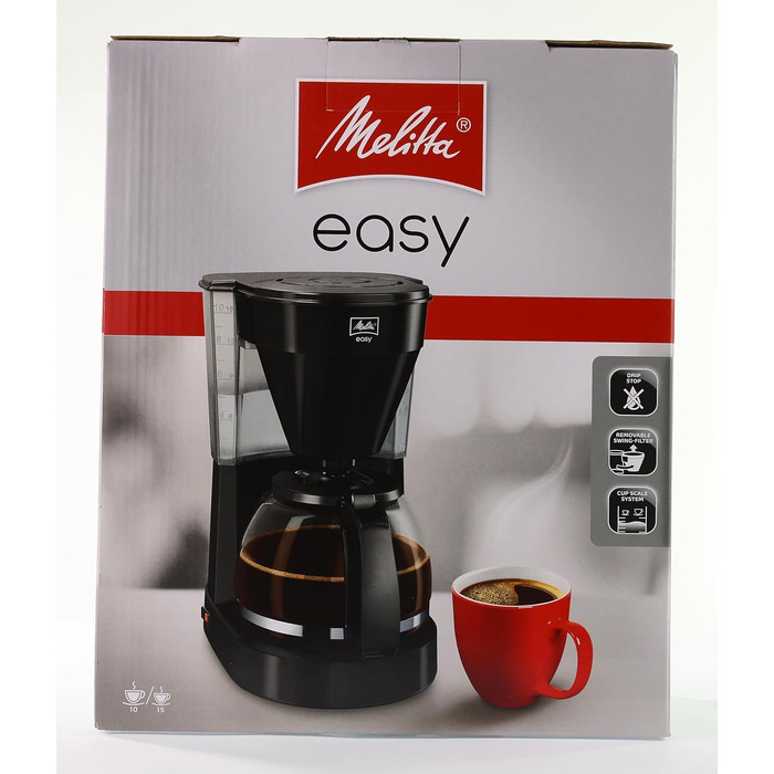 Кавоварка Melitta Easy з знімним поворотним фільтром, скляною колбою та системою захисту від крапель, на 10 чашок, чорна