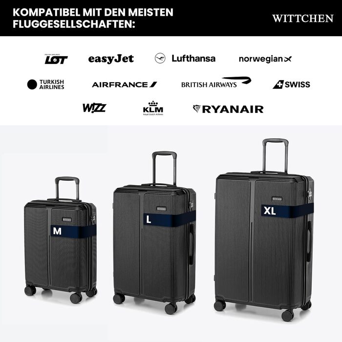 Валіза велика Wittchen Stripes Line XL (76.5x50x29 см) чорна, пластикова валіза-тролей на 4 колесах, 96 л, з кодовим замком та телескопічною ручкою