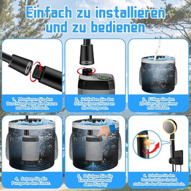 Портативний душ IEEILULU для кемпінгу, 6000mAh, з помпою, індикатором температури та складаним відром для подорожей, авто, тварин, саду та пляжу