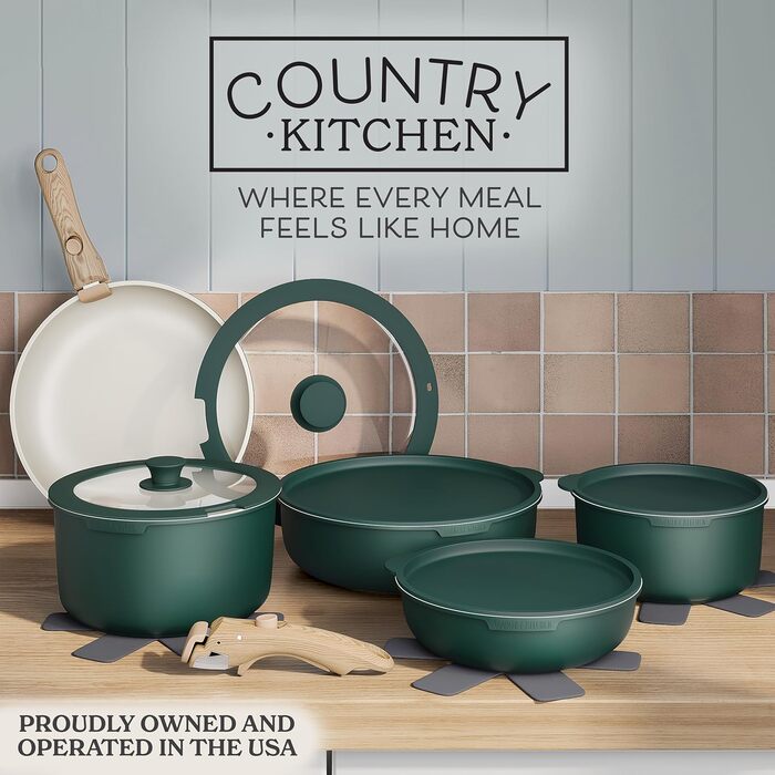 Набір посуду Country Kitchen 16 предметів: каструлі та сковорідки з антипригарним покриттям, знімними ручками Soft-Touch, для дому та кемпінгу, придатний для духовки (сіро-зелений)