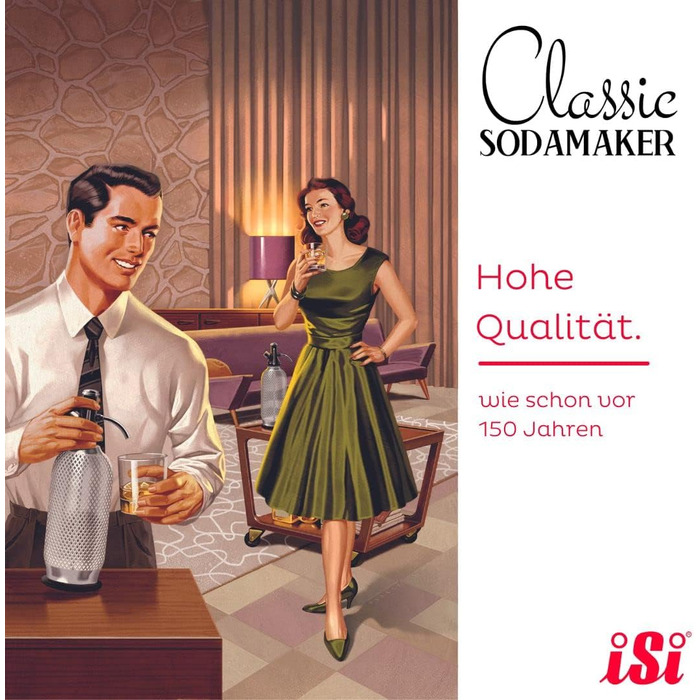 Сифон для газування води iSi Sodamaker Classic 1,0 л, з пляшкою PEN в сталевій оплітці, пристрій для приготування газованої води, аксесуар для бару у вінтажному стилі