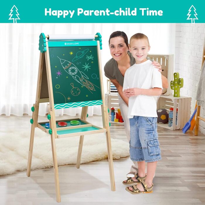 Дитяча мольберт Kinder Tafel з дерева, висота регулюється, блакитний, з паперовою рулонною дошкою та аксесуарами