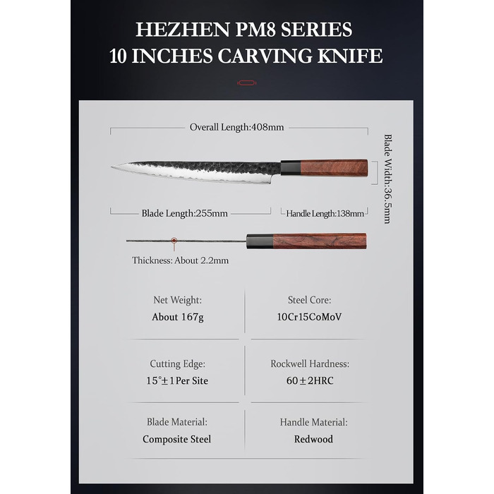 Професійний японський ніж Kiritsuke HEZHEN 21,5 см, кухонний ніж із тришарової дамаської сталі з восьмигранною ручкою з червоного дерева та дерев'яним чохлом