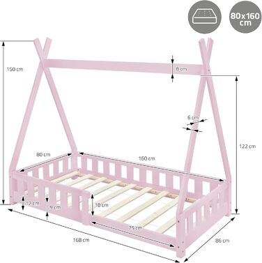 Дитяче ліжко-халапа Tipi ML-Design біле з бортиками та ламелями, з сосни, індіанське ліжко для дівчаток та хлопчиків, ліжко-будиночок з огорожею, підлогове ліжко-халапа для дітей та підлітків, ігрове ліжко-намет (80x160 см з матрацом, рожеве)