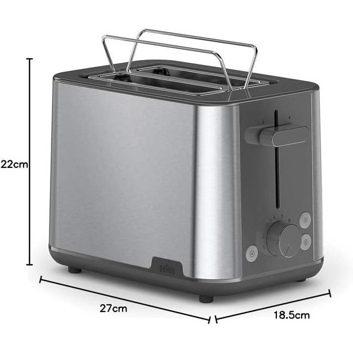 Тостер Braun PurShine HT1510 WH – 2 відділення, 8 режимів підсмажування, розморожування, підігрів, висувний піддон, 900 Вт, сірий