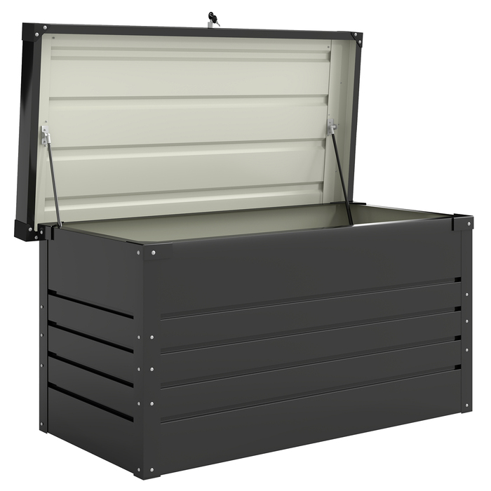 Короб для подушок Gartenbox Metall 450L – міцна металева коробка об'ємом 450 літрів з подвійними стінками кришки. Розміри: 120 x 61 x 62 см. Водостійка, з можливістю замикання. Колір: сірий.