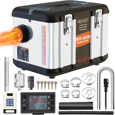 Автономний дизельний обігрівач VELPAX All in One 8кВт, 12V/24V/220V з LCD-дисплеєм, пультом та керуванням через APP для кемпера, автобудинку та причепа (Білий)