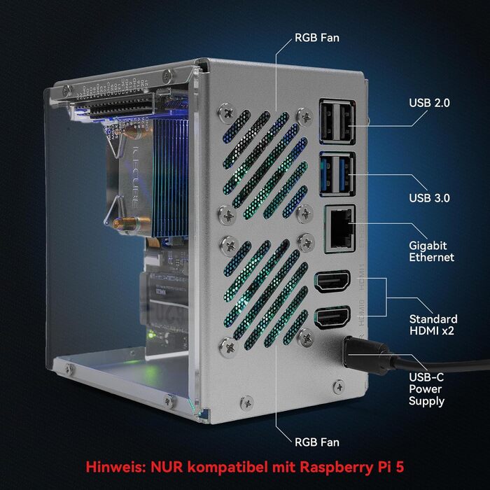 Корпус Pironman 5 з підтримкою NVMe M.2 SSD PCIe для Raspberry Pi 5, з AI прискорювачем Hailo-8L, Tower-охолодженням, подвійним RGB-вентилятором, OLED-дисплеєм 0,96'', функцією безпечного вимкнення, стандартним HDMI та RGB-підсвічуванням