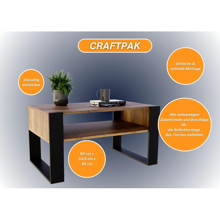 Журнальний стіл CraftPAK для вітальні з високоякісного деревостружкового матеріалу, сучасний стіл для дивану з додатковою полицею, ретро-чорний