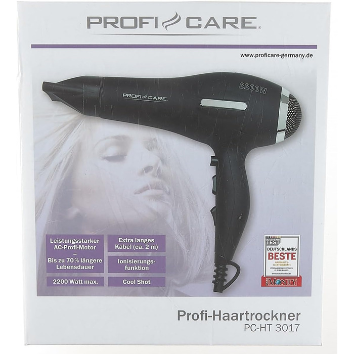 Фен ProfiCare PC-HT 3017, 2200 Вт, з функцією холодного повітря, захистом від перегріву, професійний мотор, чорний, довжина кабелю 2 м, Soft-Touch корпус