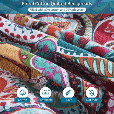 Покривало Qucover Boho 230x250 см з наволочками, бавовняне, кольорове стьобане для двоспального ліжка, стиль Пейслі