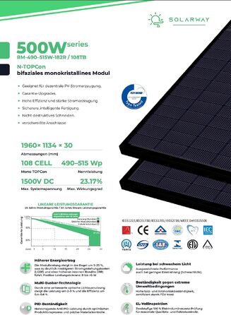 Двосторонні сонячні панелі Solarway Full Black Bifacial Glass/Glass n-type для балкона (500 Вт, комплект 8 шт)