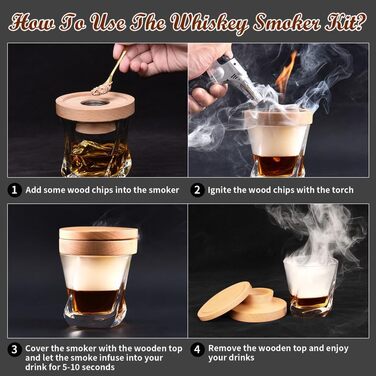 Набір для копчення коктейлів Whiskey Smoker Kit з пальників, для віскі, бурбону, з 4 смаками дерев'яної стружки, подарунковий набір для любителів коктейлів, чоловіків, тата, чоловіка, шефа