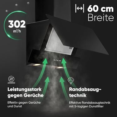 Витяжка кухонна Bomann DU 7607 G, 60 см, чорна, для рециркуляції та відведення повітря, 3 режими потужності