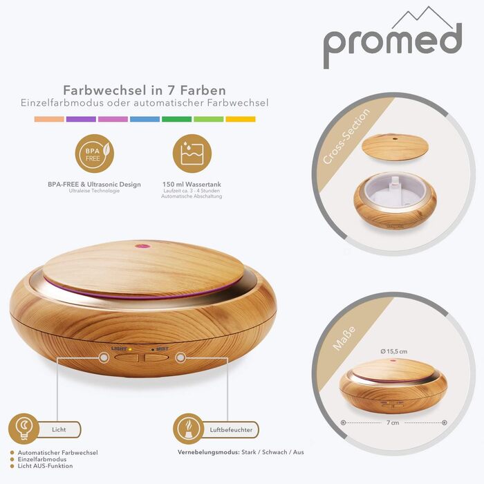 Ультразвуковий аромадифузор Promed AL-150 WS, 150 мл, деревна текстура, 7 LED, зволожувач повітря, електрична ароматерапія для дому, офісу, салону
