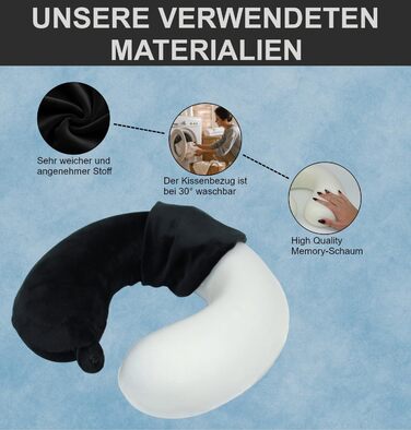 Подорожня подушка-натиранік U-подібна з ефектом пам'яті Memory Foam, м'який чохол, чорна — для літака, авто та офісу