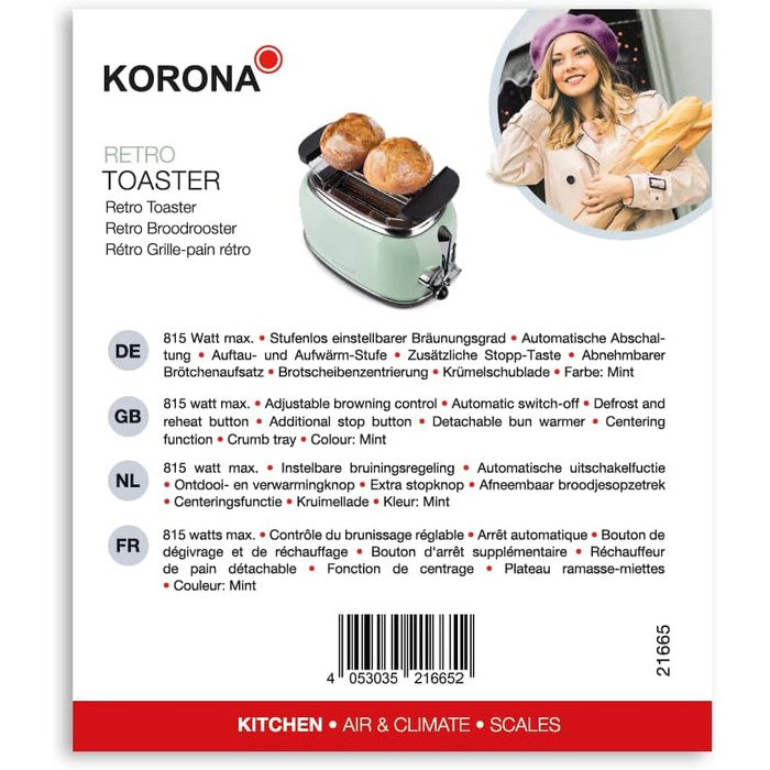 Тостер Korona 21665 на 2 скибки, м'ятний, 810 Вт, регулювання ступеня підсмажування, функції розморожування, підігріву, підставка для булочок, піддон для крихт, центрування хліба