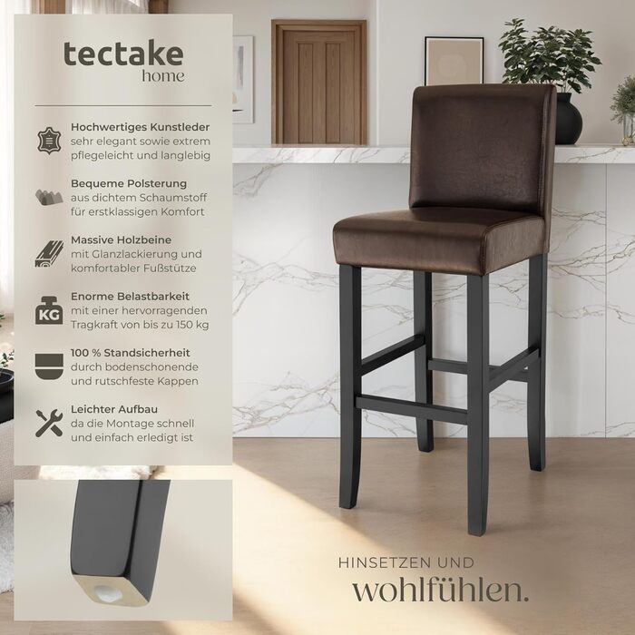 Барний стілець tectake® з підніжкою, 2 шт. в наборі, дерево та штучна шкіра, 107 см