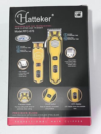 Професійна машинка для стрижки Hatteker, бездротова, водонепроникна, тример для волосся та бороди для чоловіків, золота