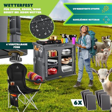 Кухня для кемпінгу KESSER® складна | Шафа для кемпінгу 84x80 см | Кухня з алюмінієвим каркасом, 6 відділень (вкл. набір з 4 склянки), бічні кишені та москітна сітка | Кухня для кемпінгу з UV-стійкої тканини, 6 полиць, антрацит