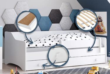 Дитяче ліжко Kids Collective 80x180 см з матрацом, захистом від падіння, висувною шухлядою, трансформується в диван, біле