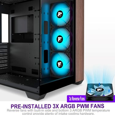 Ігровий корпус FOIFKIN M9 ATX Mid-Tower, чорний, з дерев'яною горіховою передньою панеллю, трьома встановленими PWM ARGB вентиляторами, 270° панорамним склом, Type-C