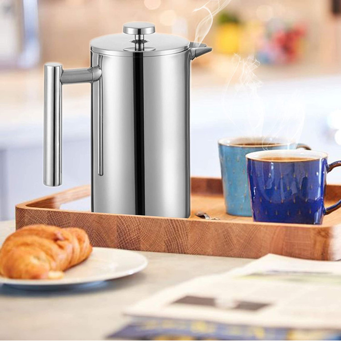 Френч-прес MeelioCafe з нержавіючої сталі, 650 мл, подвійні стінки, термоізольований, для кави та чаю, сріблястий