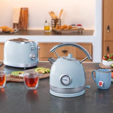 Електрочайник Cecotec ThermoSense 420, 1,8 л, 2200 Вт, з температурним індикатором, нержавіюча сталь, 360° база, вінтажний стиль, блакитний