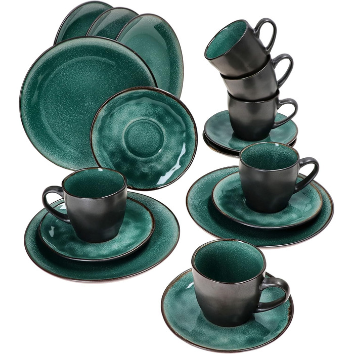 MamboCat Кавовий сервіс 18 предметів Green Reactive Glaze для 6 осіб. Керамічний набір ручної роботи з ефектом м'ятиного кольору та мідною окантовкою (6 чашок, 6 тарілок, 6 десертних тарілок).