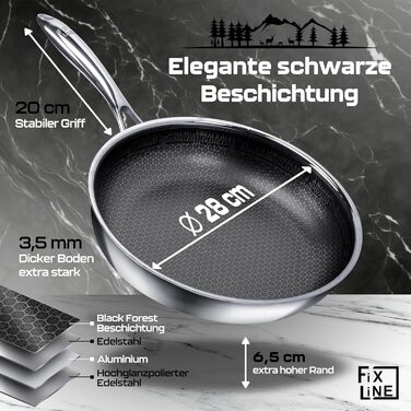 Сковорода FIXLINE 28 см Black Forest, антипригарна, високі борти 6,5 см, для всіх типів плит та індукції, підходить для духовки до 230°C, ідеально для подарунка