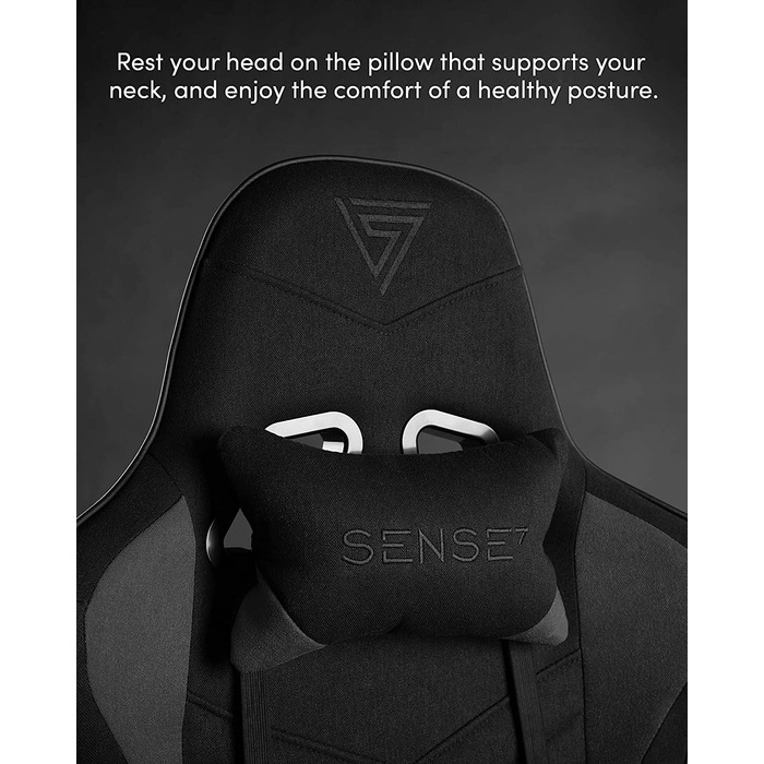 Ігрове крісло SENSE7 Spellcaster, ергономічний офісний стілець із регульованим поперековим упором, нахилом та гойданням, тканинний, до 150 кг, чорний-сірий