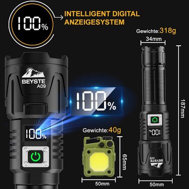 Ліхтарик BEYSTE LED акумуляторний, надяскравий 500000 люмен, тактичний, USB-C, для кемпінгу, аварійних ситуацій, обсидіаново-чорний