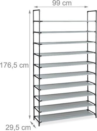Шафа для взуття Relaxdays XXL на 10 рівнів, 50 пар, тканинна, 176,5x99x29,5 см, сіра