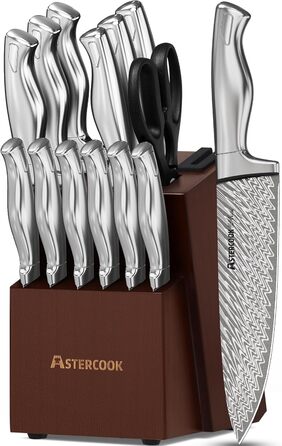 Набір кухонних ножів Astercook 15 предметів з бруском, точилка для ножів, нержавіюча сталь, безпечний для миття в посудомийній машині