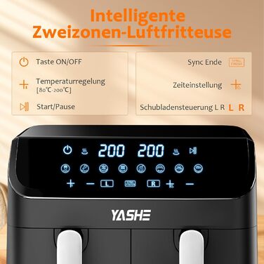 Двоциліндрична аерофритюрниця YASHE 9 л XL з цифровим керуванням, подвійна фритюрниця з сенсорним дисплеєм, 8-в-1, здорове приготування без олії та жиру