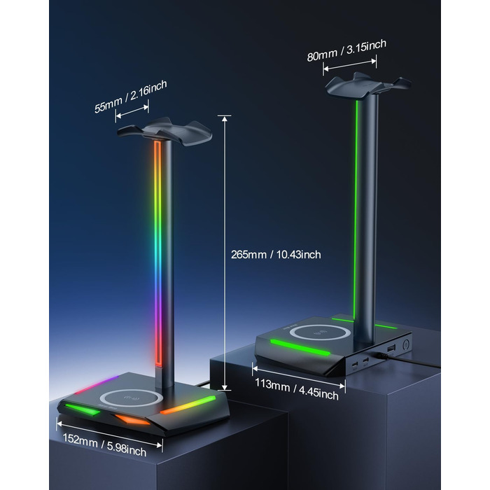 Підставка для навушників New bee RGB з бездротовою зарядкою, геймерська стійка для гарнітури з USB, 2 Type-C, 11 режимів підсвітки, чорна (Z12)