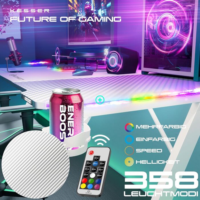 Ігровий стіл KESSER® LED 100x60 см | З-подібний стіл для геймерів | Кріплення для навушників, вуглецеве покриття | Ергономічний стіл для ПК | Стабільний стіл з тримачем для напоїв, білий