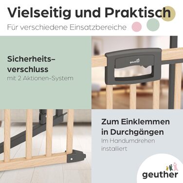 Захисний бар'єр на двері Geuther Easylock Plus для сходів 80,5-88,5 см. Дерев'яно-металевий бар'єр для дітей без свердління, двосторонній, колір: натуральний/антрацит