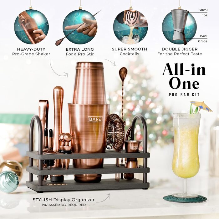 Набір бармена Bare Barrel Pro Mixology: 14 предметів, Boston Shaker (28oz), стійка, 35 рецептів, подарунковий набір