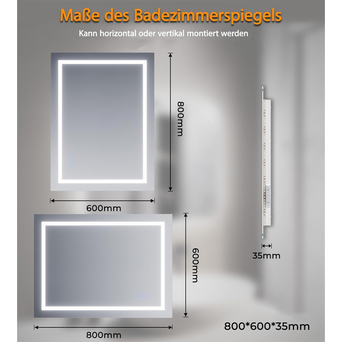 LED-дзеркало для ванної кімнати з підсвічуванням 70x50 см, 4 мм без міді, сенсорне керування, регулювання кольору світла, протизапітніння, Smart-дзеркало