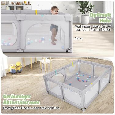 Манеж для немовлят COSTWAY 189x158 см з 50 кульками, 4 кільцями, 4 дверцятами на блискавці, дихаюча сітка, без матраца, світло-сірий