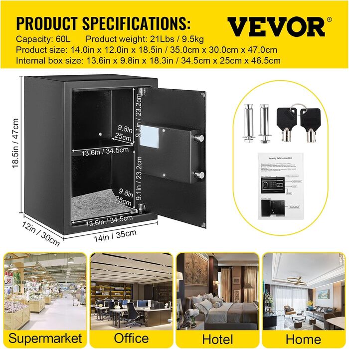 Сейф VEVOR 1,7 куб. футів, 10 кг, чорний, стійкий до пилу, для меблів і стін, з відбитком пальця, кодовою панеллю, ключем, 4 системи замикання, для дому, готелю, офісу