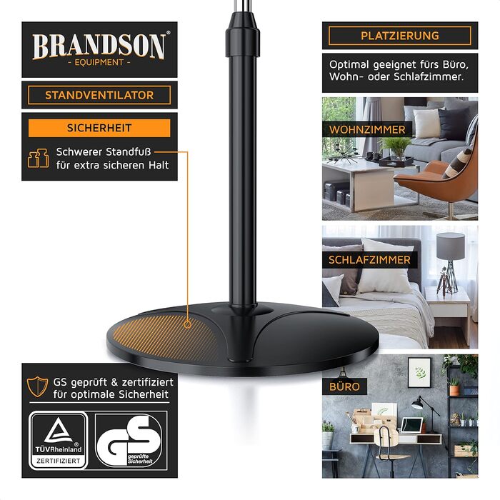 Вентилятор підлоговий Brandson 50 Вт, 40 см, з пультом, 3 швидкості, поворот 80°, регульована висота та кут нахилу 30°