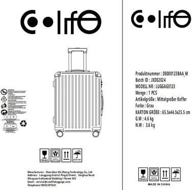 Валіза COOLIFE середня сіра, жорсткий ABS-кейс із TSA-замком, телескопічною ручкою та 4 подвійними колесами для подорожей