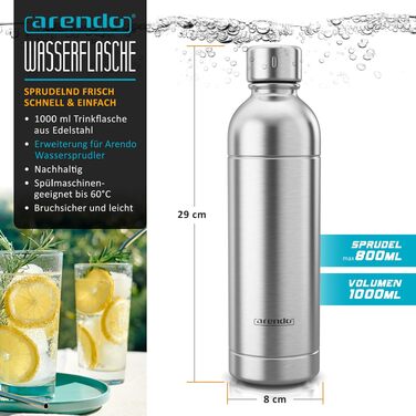 Сифон для газування води Arendo Soda Maker: набір з пляшкою 1000 мл (BPA-free) та сталевою пляшкою 1000 мл, сумісність з 60 л CO2 циліндрами, чорний